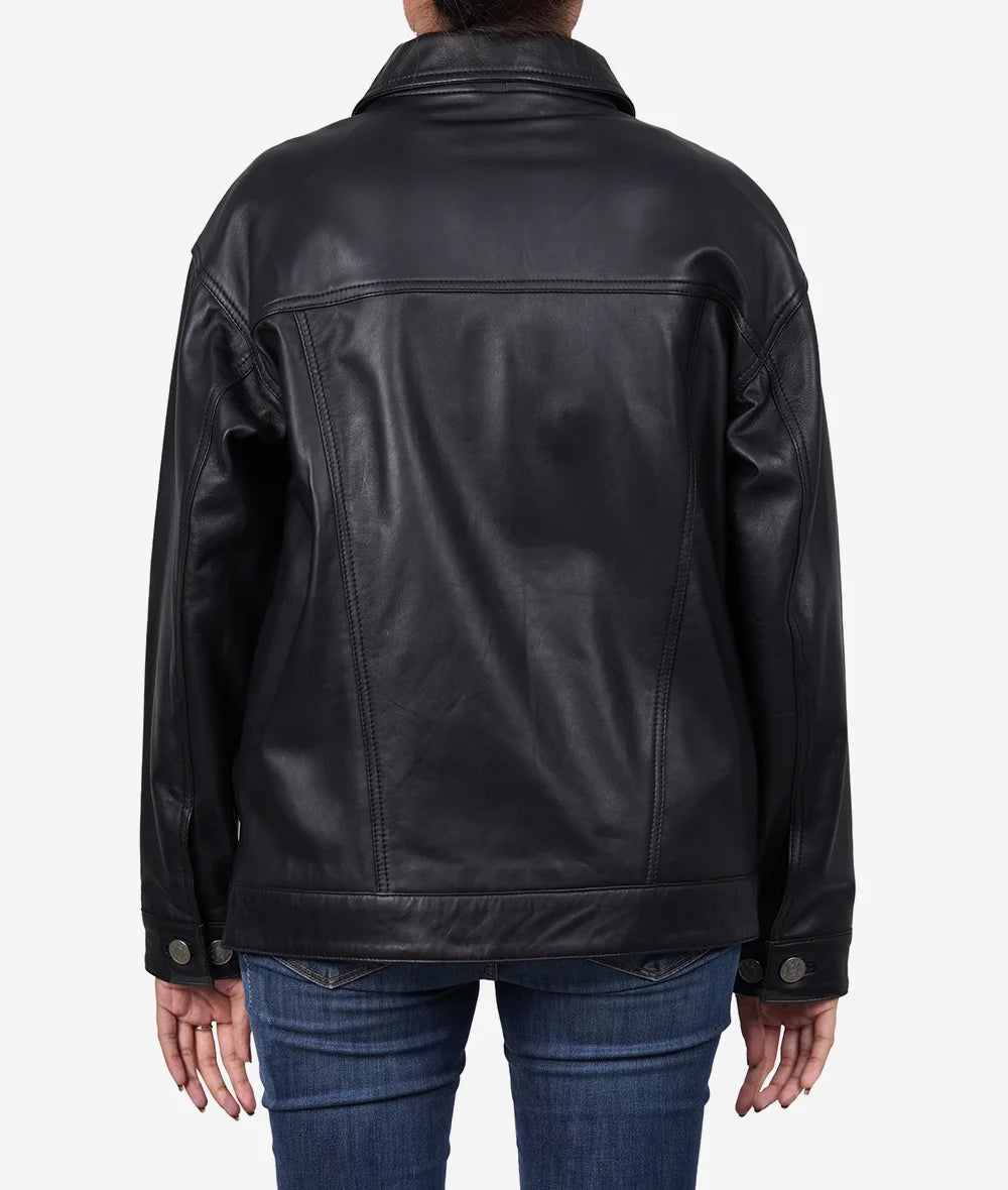 Womens Black Lambskin Leather Oversized Trucker Jacket LSW-0059